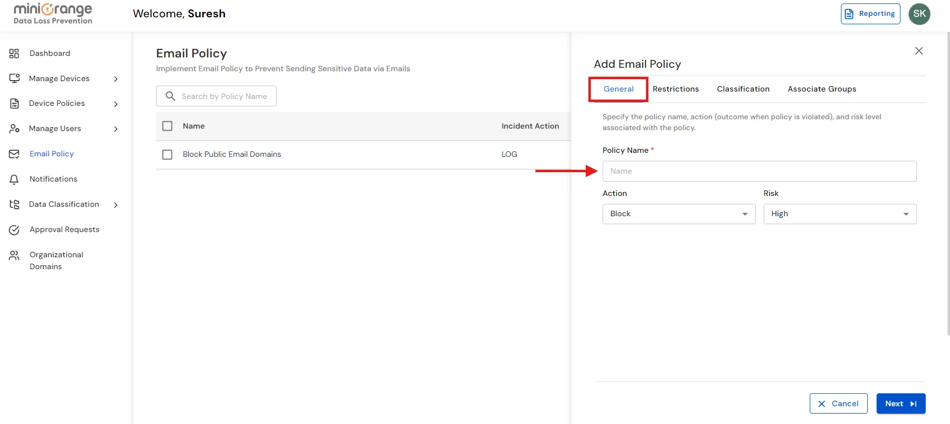 : Email Security | Add Policy Name