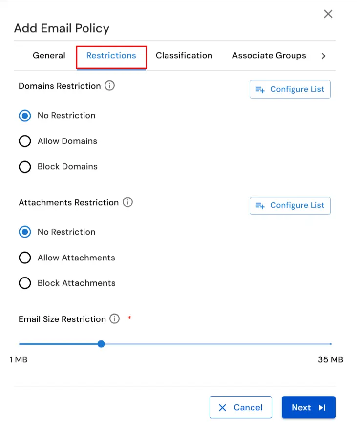 : Email DLP for Email Security  | Select Type of Domain restriction