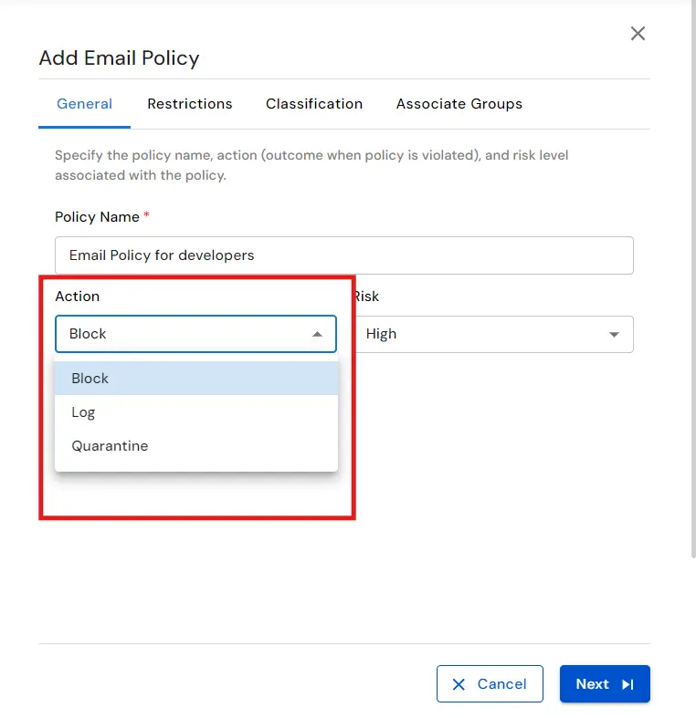 : Email DLP for Email Security | Select Action