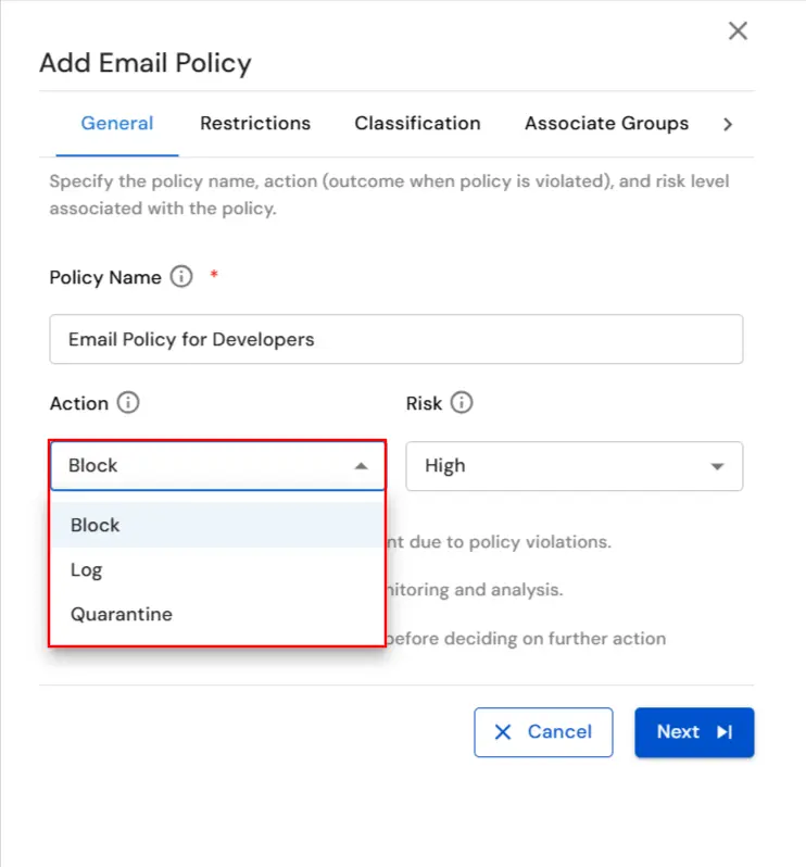 : Email DLP for Email Security | Select Action 