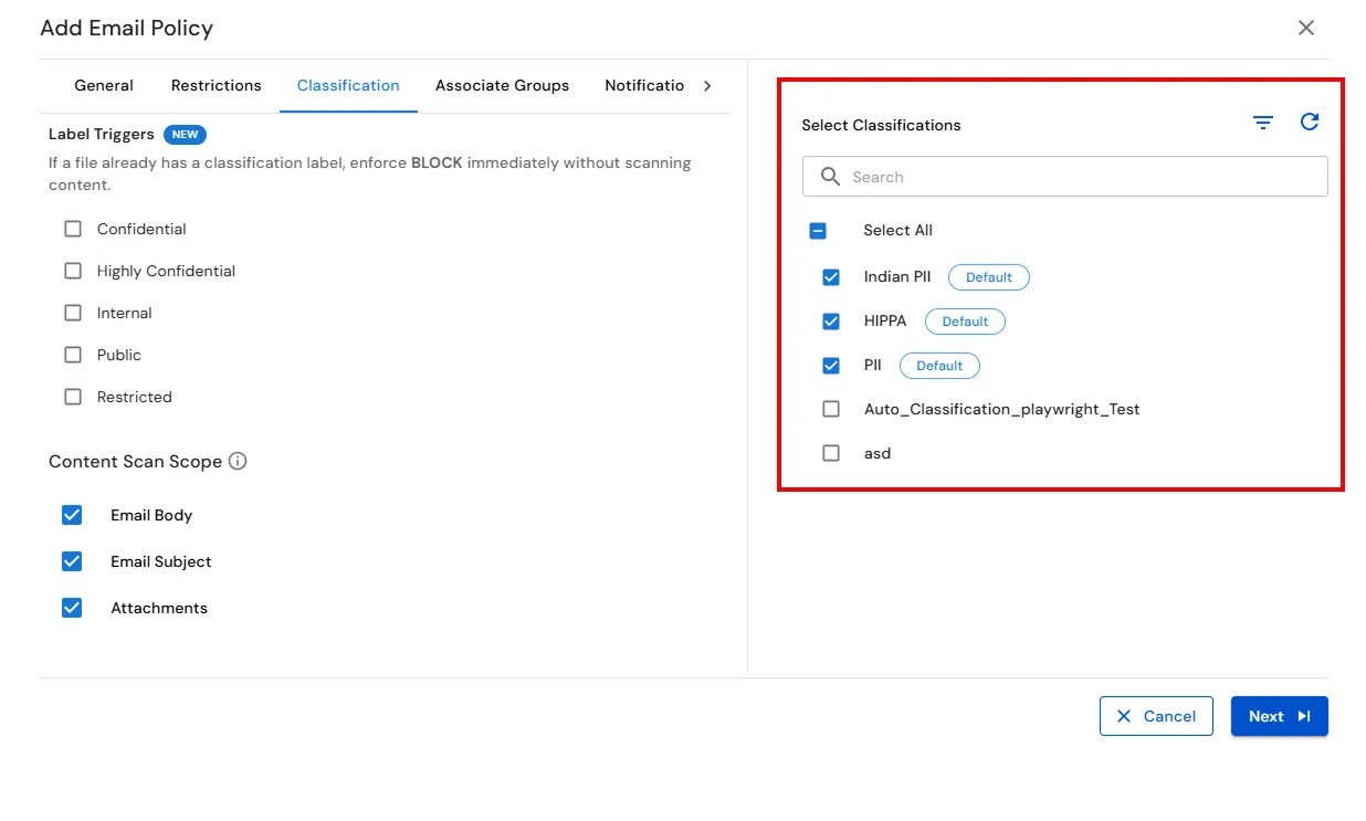 : Email DLP for Email Security | Selected Classification types