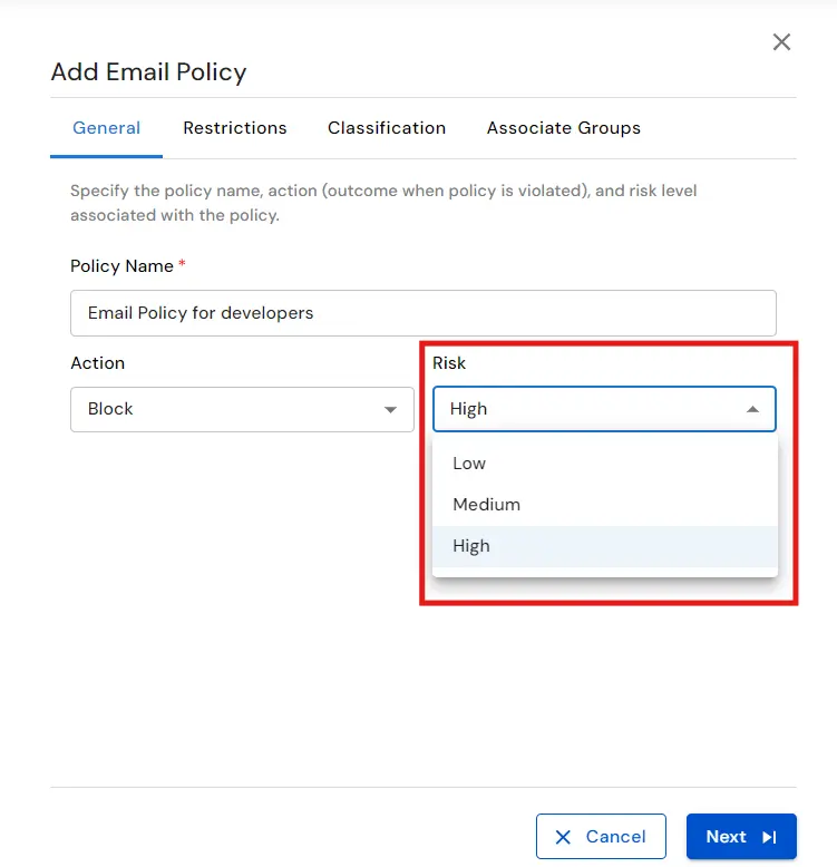 :Email DLP for Email Security | Select risk level
