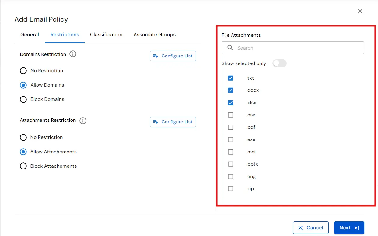 : Email DLP for Email Security | Specify Attachments type