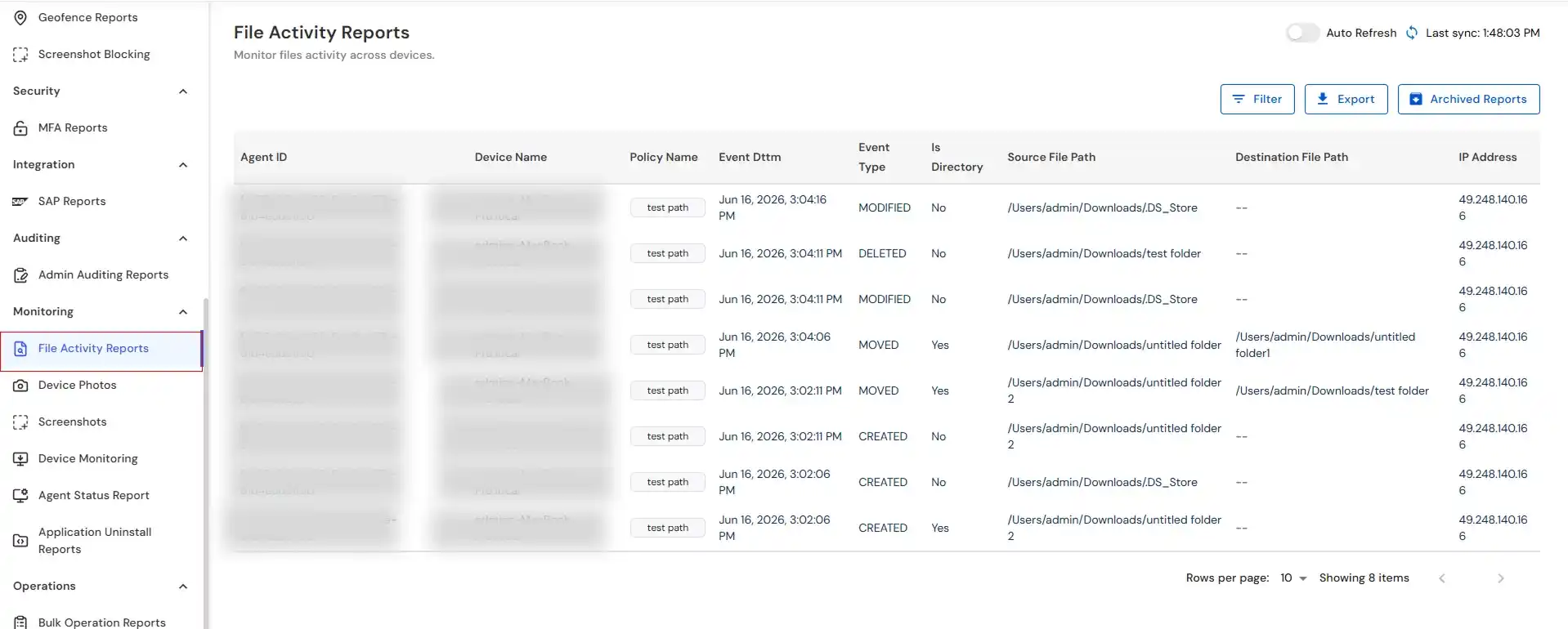 miniOrange Endpoint DLP File Activity Reports page showing file activity events and tracking details