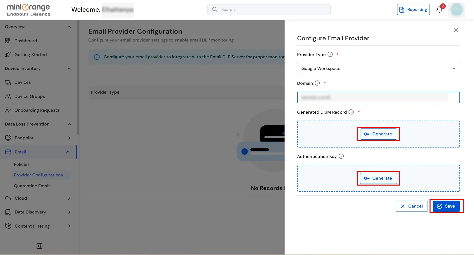 miniOrange Email DLP setup with Gmail and Google Workspace | Admin Dashboard