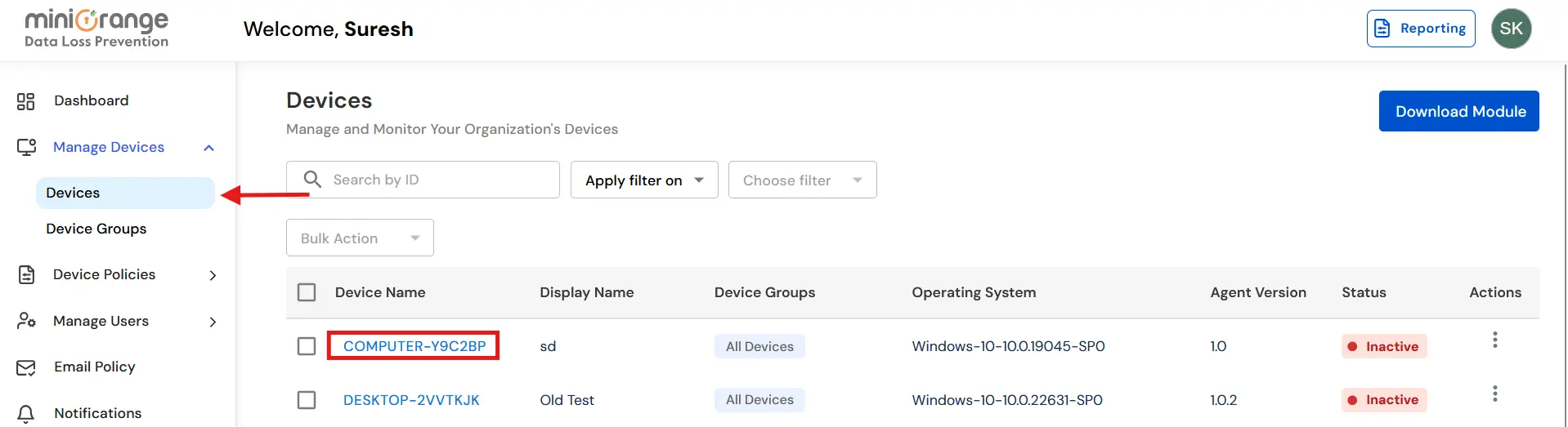 miniOrange DLP compliance and password policy setup | Select Devices