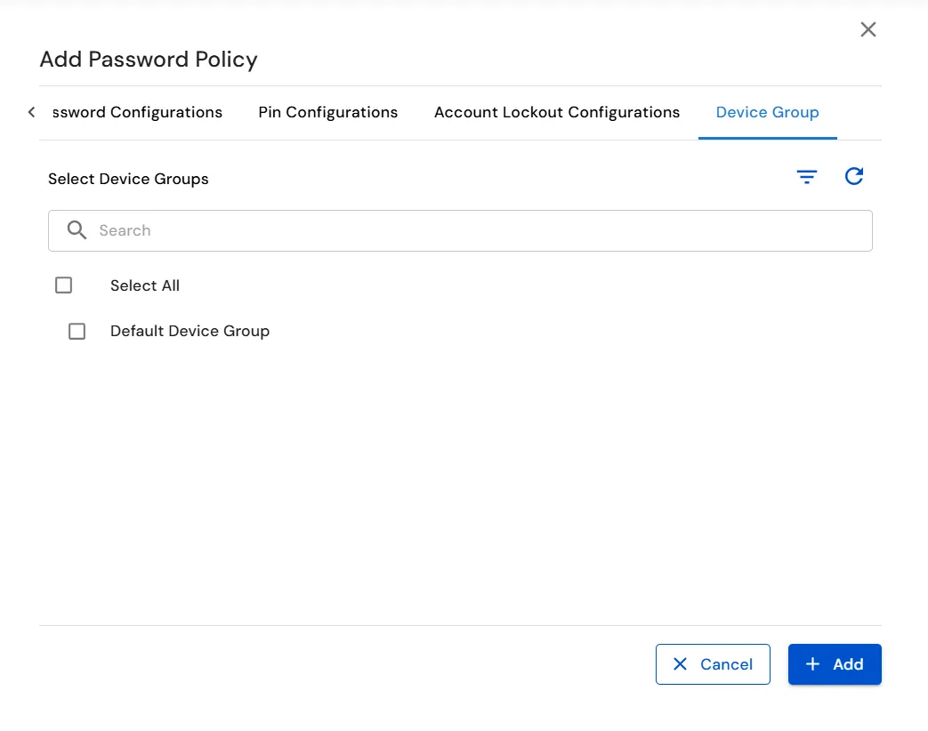 miniOrange DLP Device Groups tab to apply password and PIN policies to selected devices
