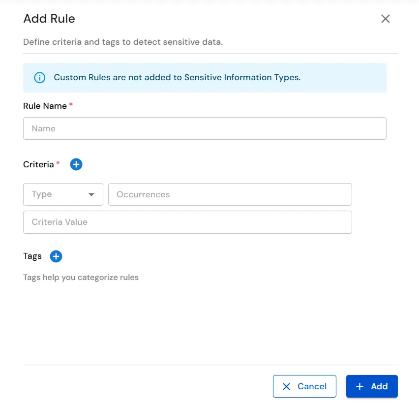 miniOrange Endpoint DLP Add Rule window showing criteria for a Sensitive Information Type