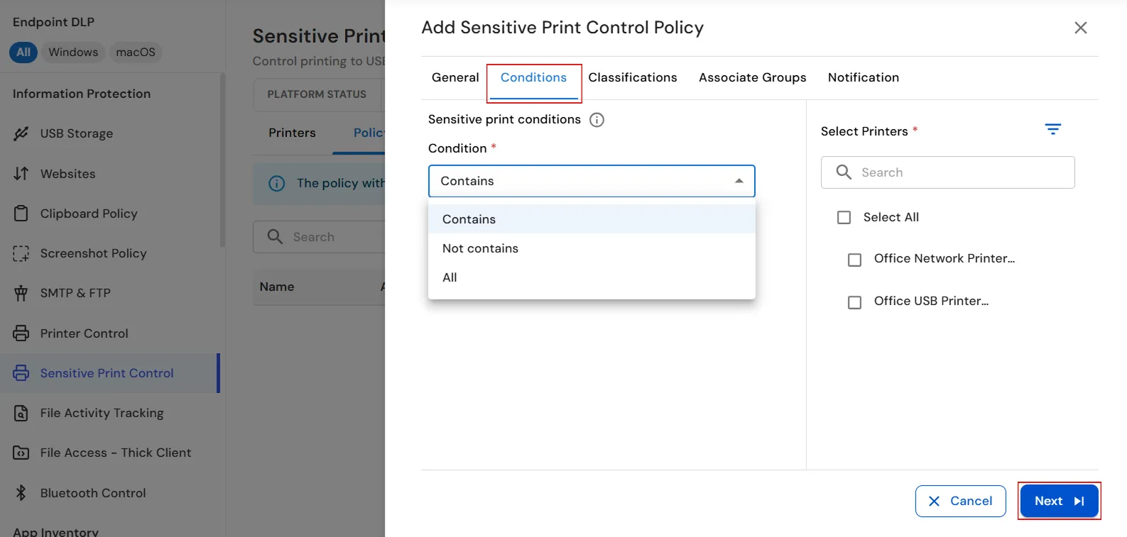 Configure printer conditions for the Sensitive Print Control Policy