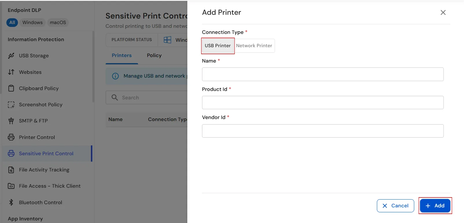 Enter USB printer details in Sensitive Print Control