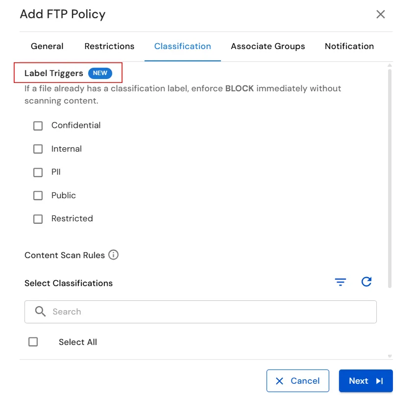 miniOrange Endpoint DLP FTP Policy Classification tab showing Label Triggers