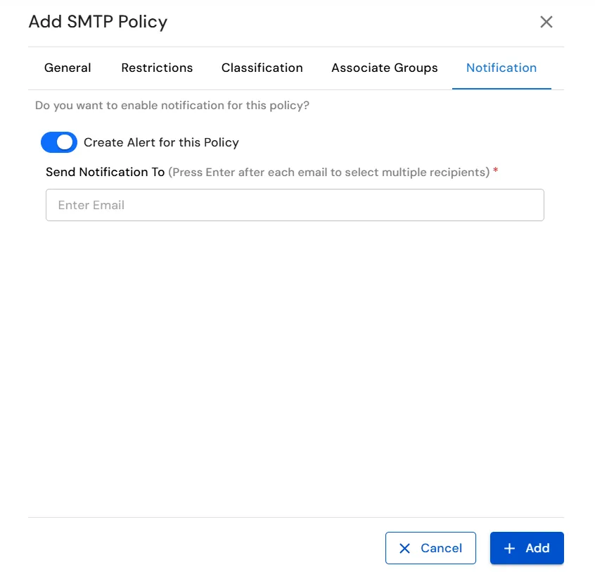 miniOrange Endpoint DLP SMTP Policy Notification settings with alert recipient