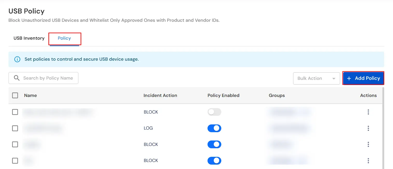miniOrange DLP Add Policy button for creating new USB storage policy with block notify or log actions