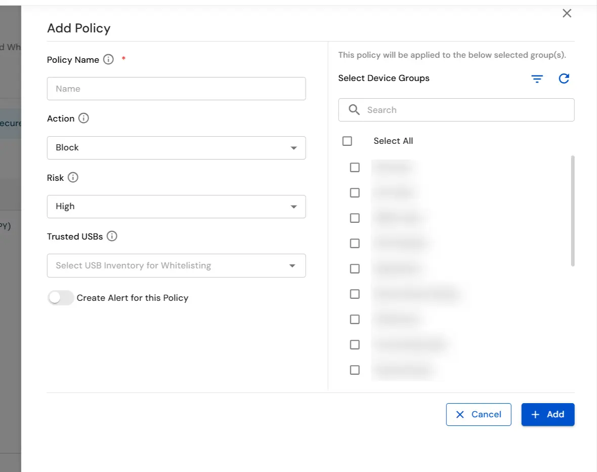 miniOrange DLP USB policy form with policy name actions risk and whitelist USB selection
