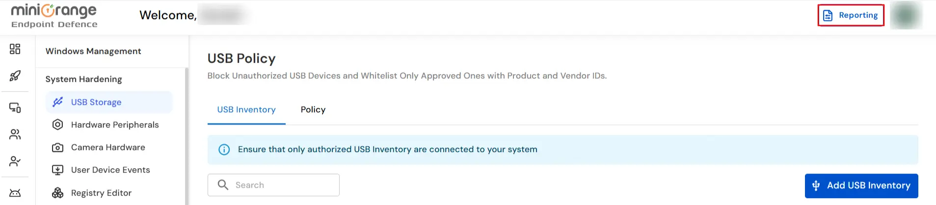miniOrange DLP Reporting tab USB Reporting to view USB policy breach reports