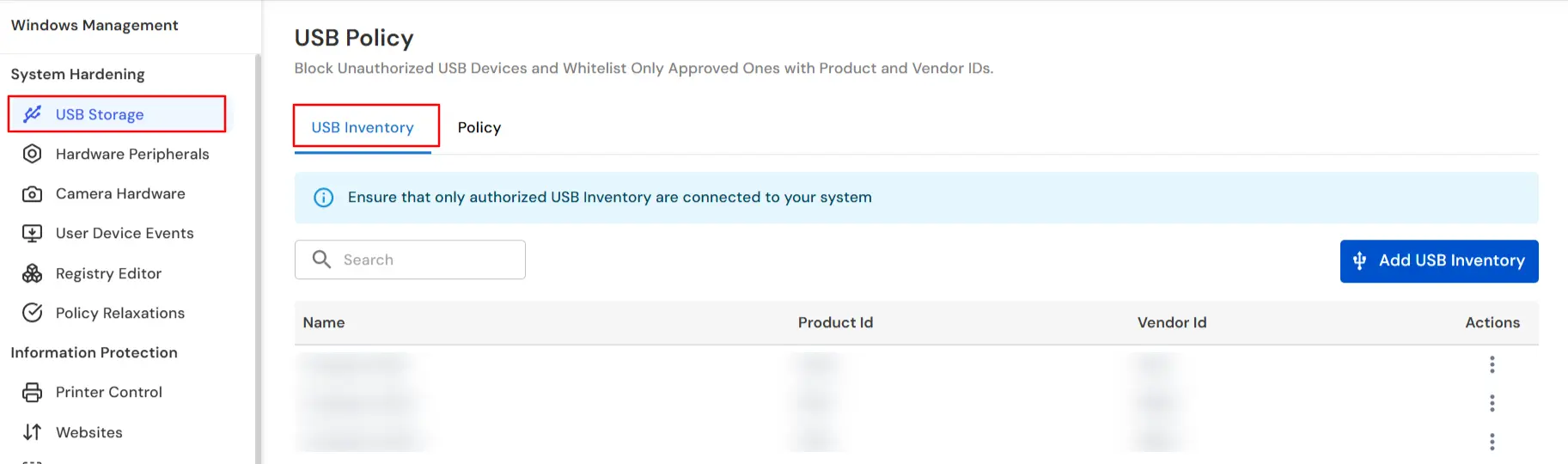 miniOrange DLP USB Inventory tab to add whitelisted USB storage devices