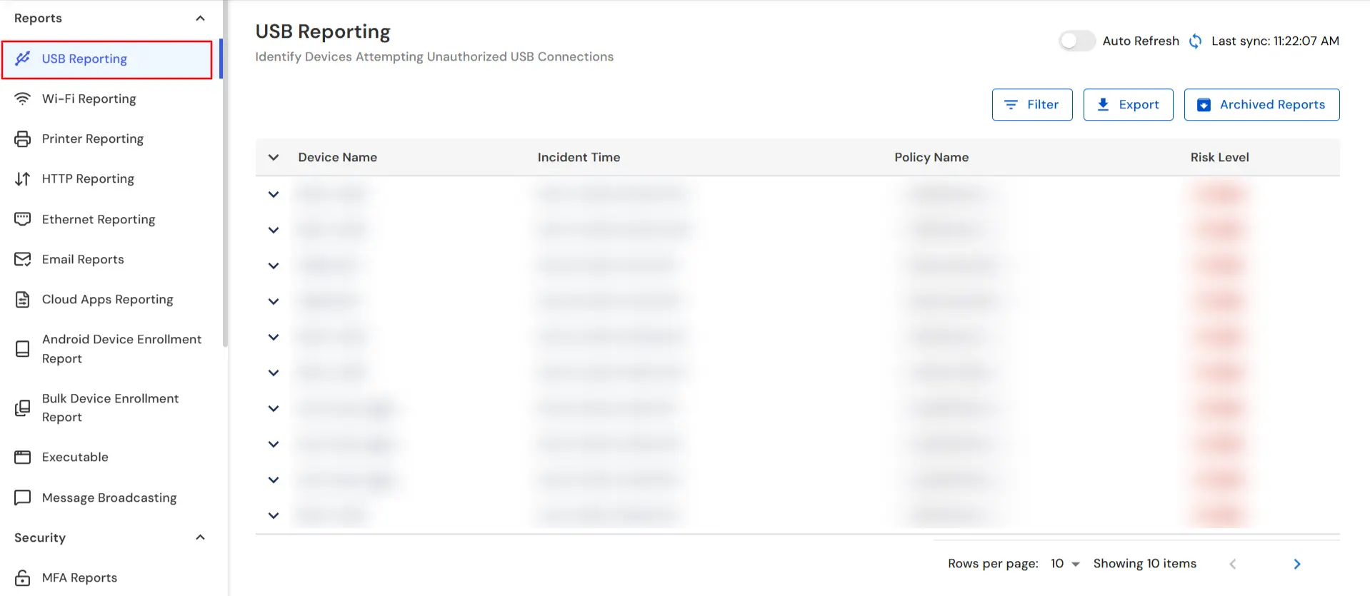 miniOrange DLP USB policy breach reports with device and incident details for compliance auditing