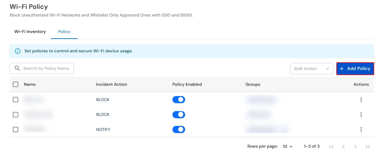 miniOrange DLP Wi-Fi Policy tab Add Policy to restrict unauthorized wireless networks