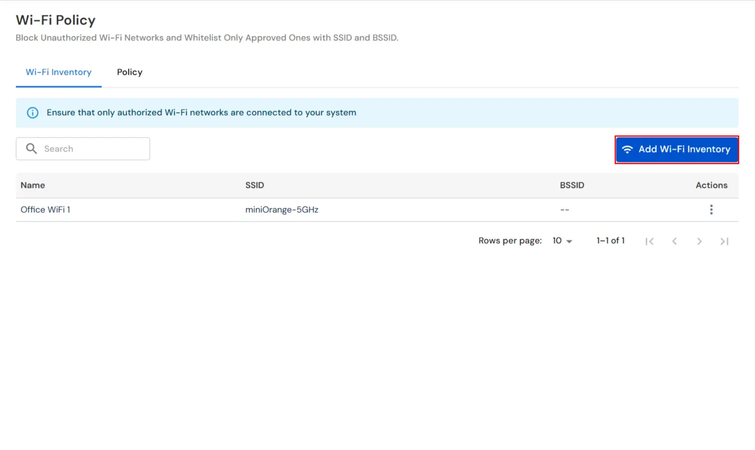 miniOrange DLP Add Wi-Fi Inventory button to enroll trusted SSID and BSSID networks