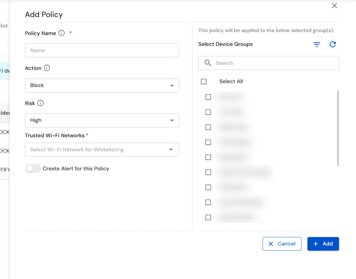 miniOrange DLP Wi-Fi policy form with device group selection and policy breach alert emails