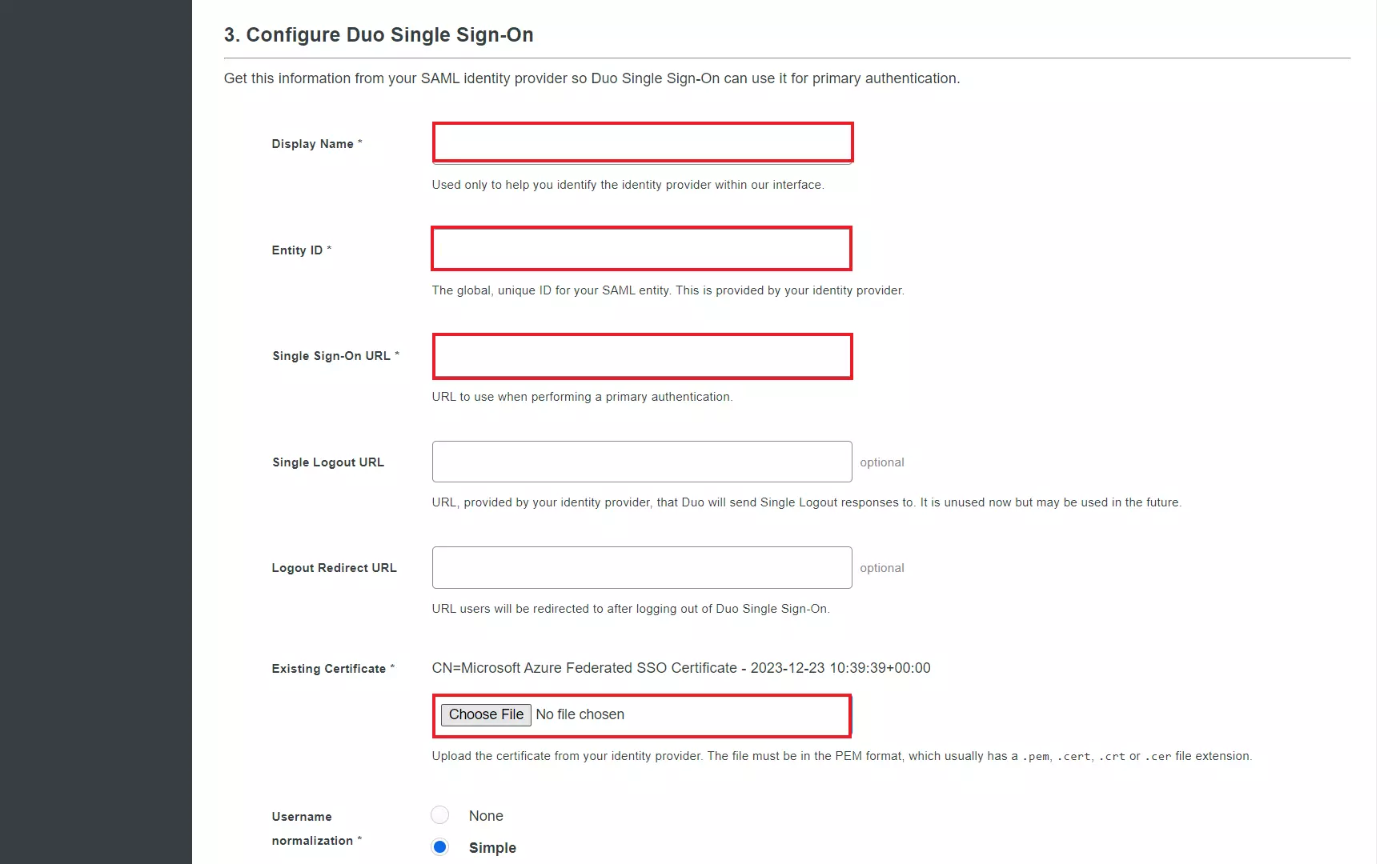 Configuration page | Duo SAML SSO Login