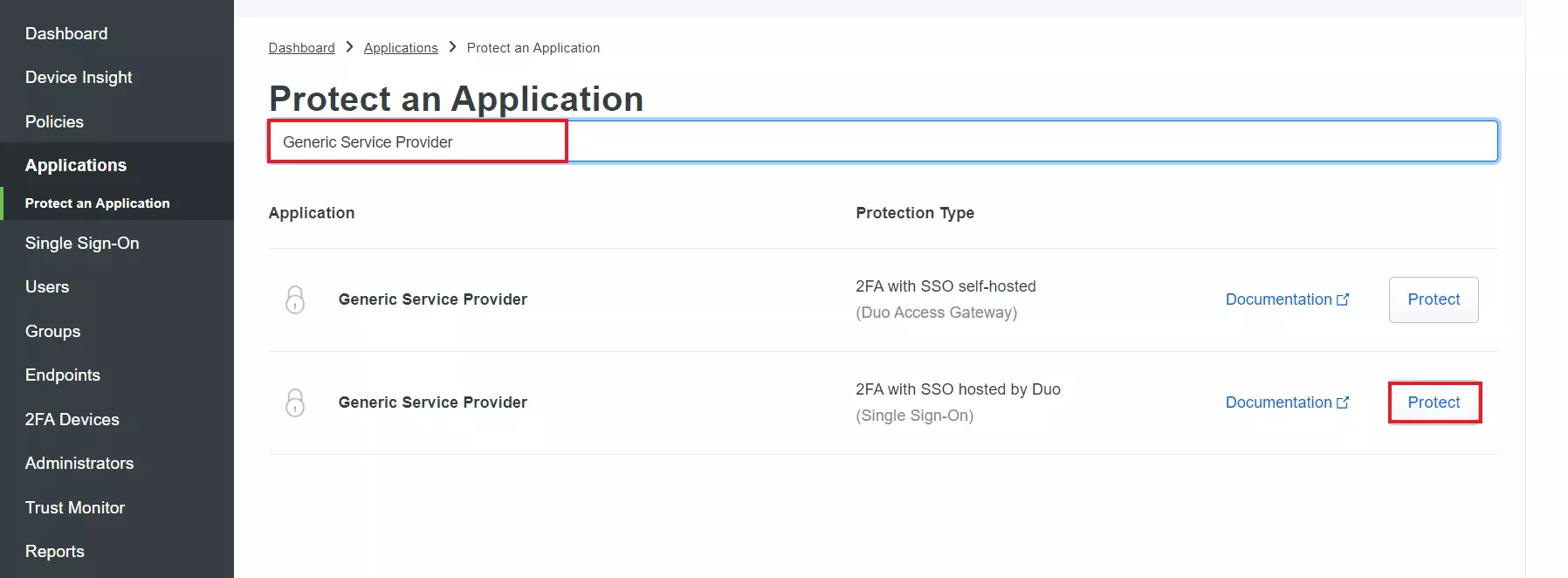 Protect Application | Duo SAML SSO Login