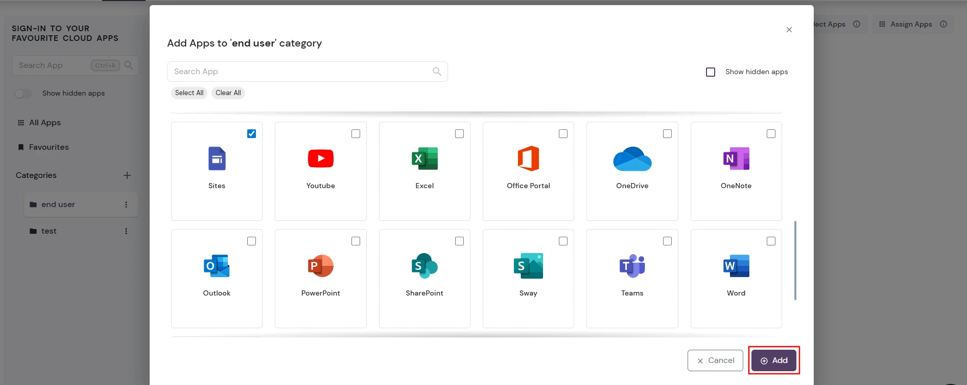 miniOrange Identity Platform End User Self-Service Portal: Assign Options