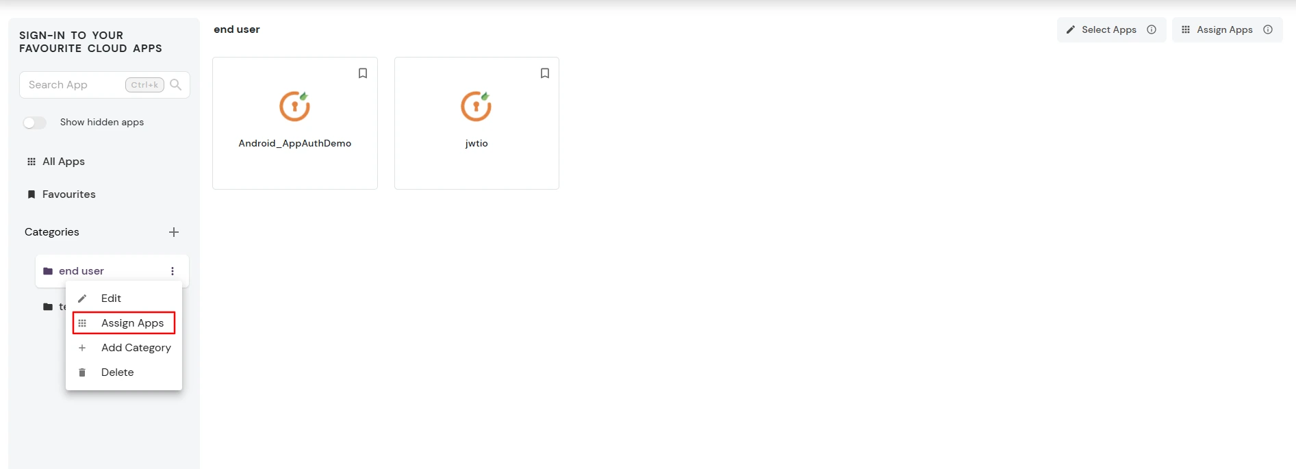 miniOrange Identity Platform End User Self-Service Portal: Assign App