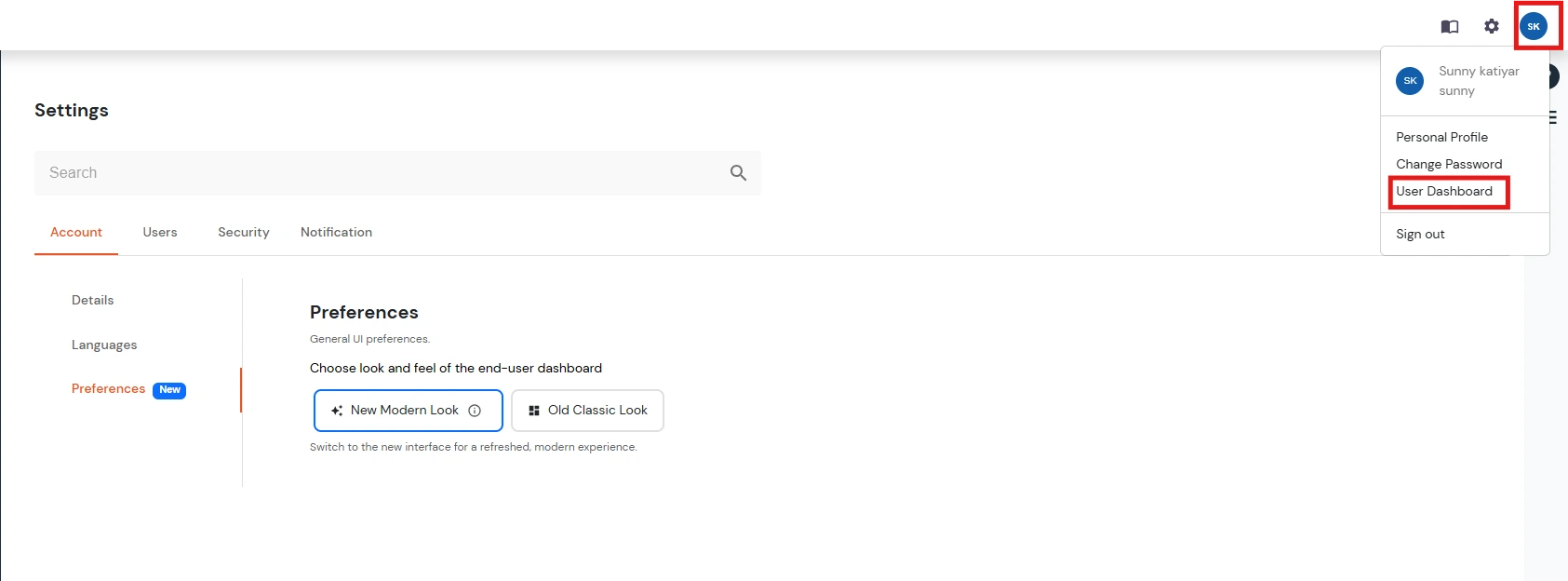 miniOrange Identity Platform End User Self-Service Portal: Dashboard confirmation