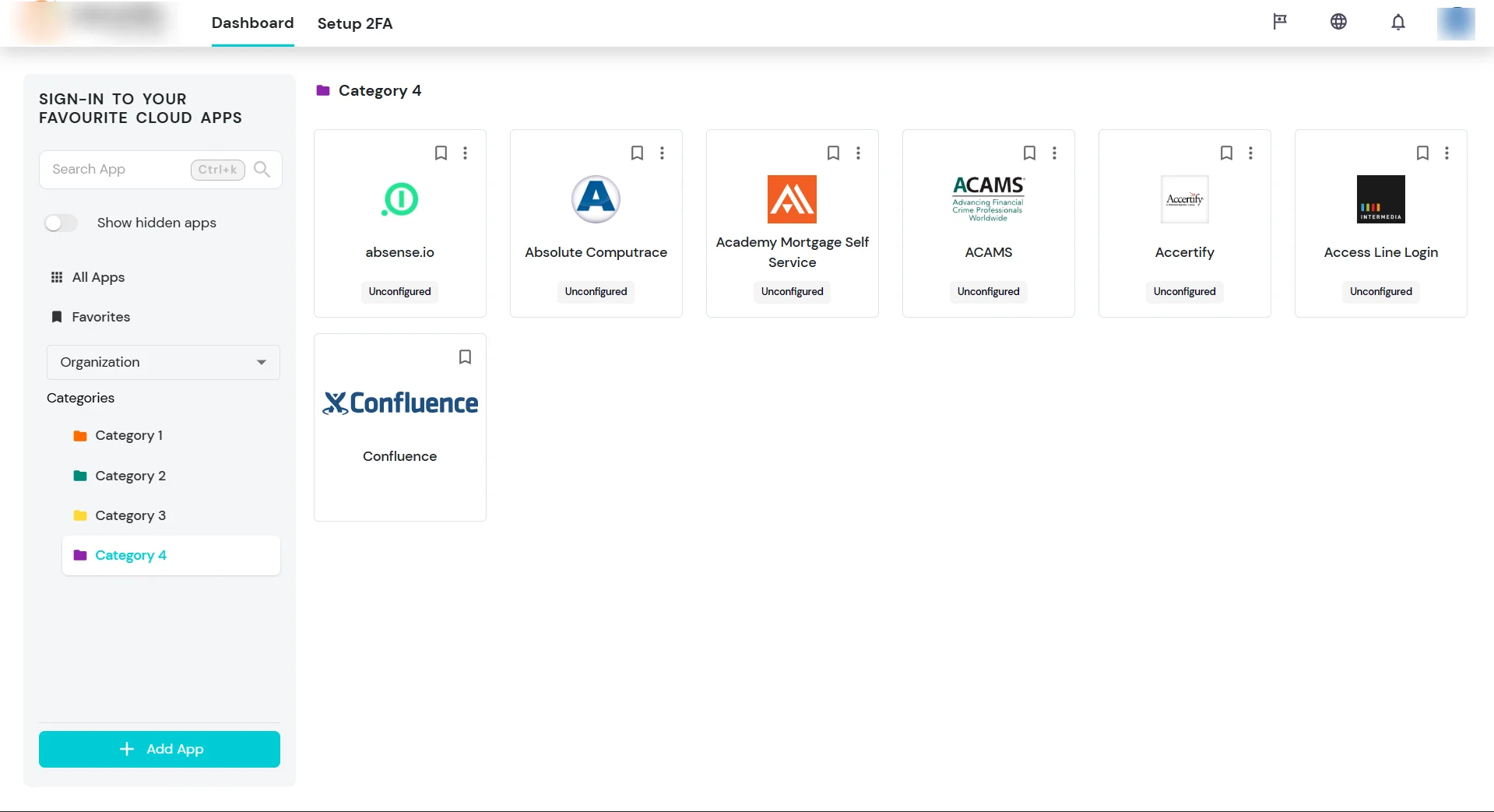 miniOrange Identity Platform End User Self-Service Portal: Organization categories