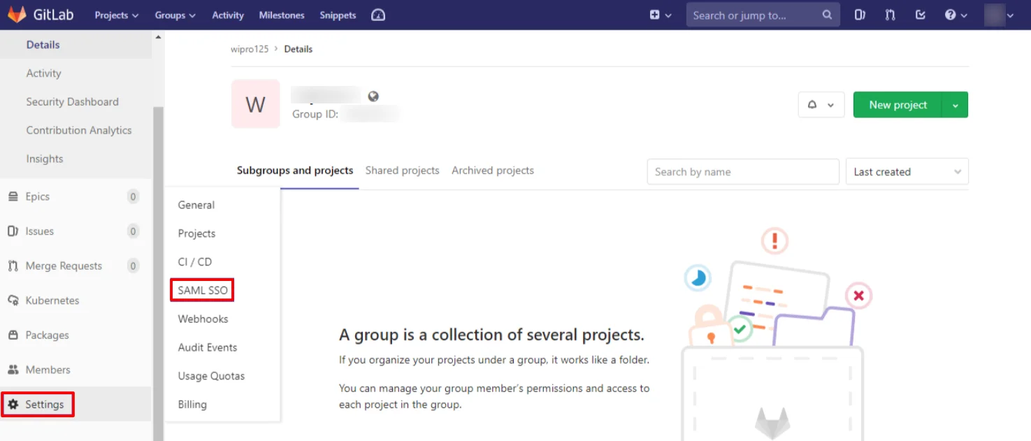 GitLab Single Sign-On (sso) select your group name