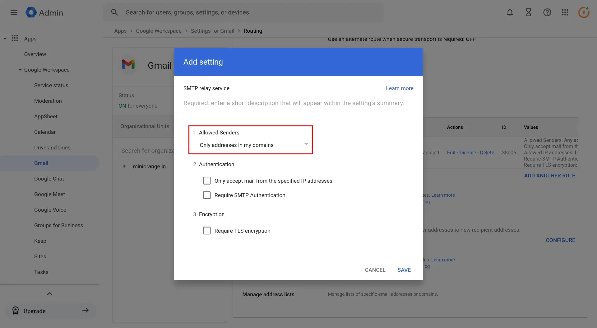 Google Workplace SMTP configuration: Allowed Senders