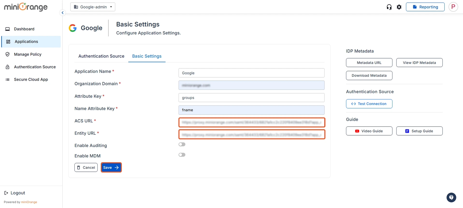 Add Details ACS URl Entity URL Google