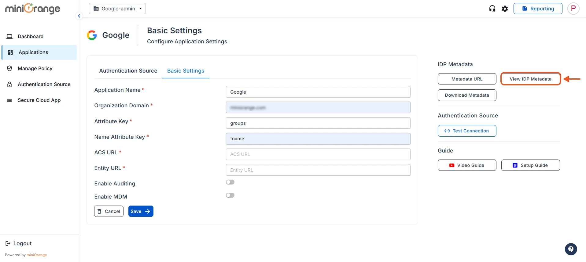View IDP Metadata Google CASB