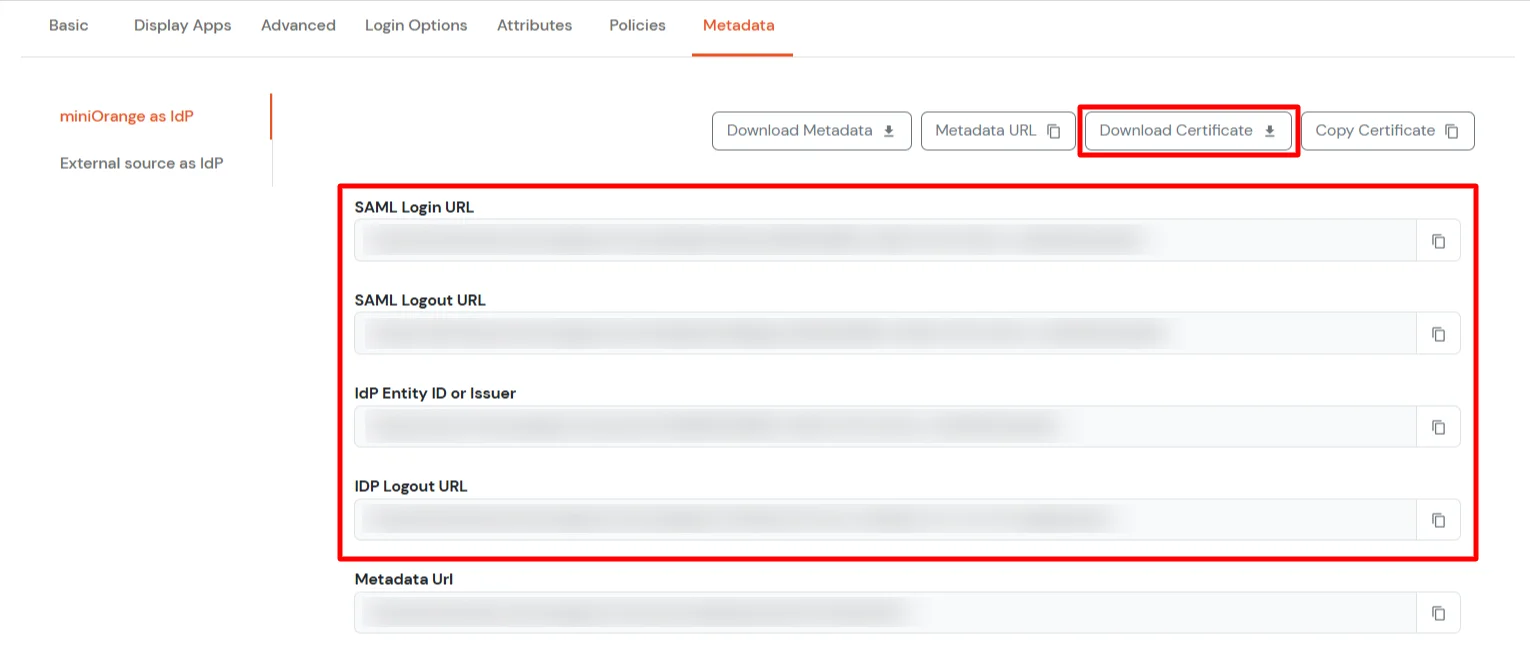 Zoho Subscription Single Sign-On (SSO) Select Metadata details external IDP or miniOrange as IDP