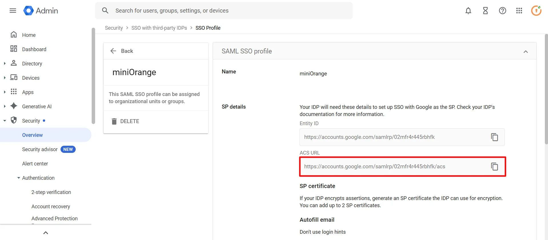 Google App SSO: Keep ACS URL