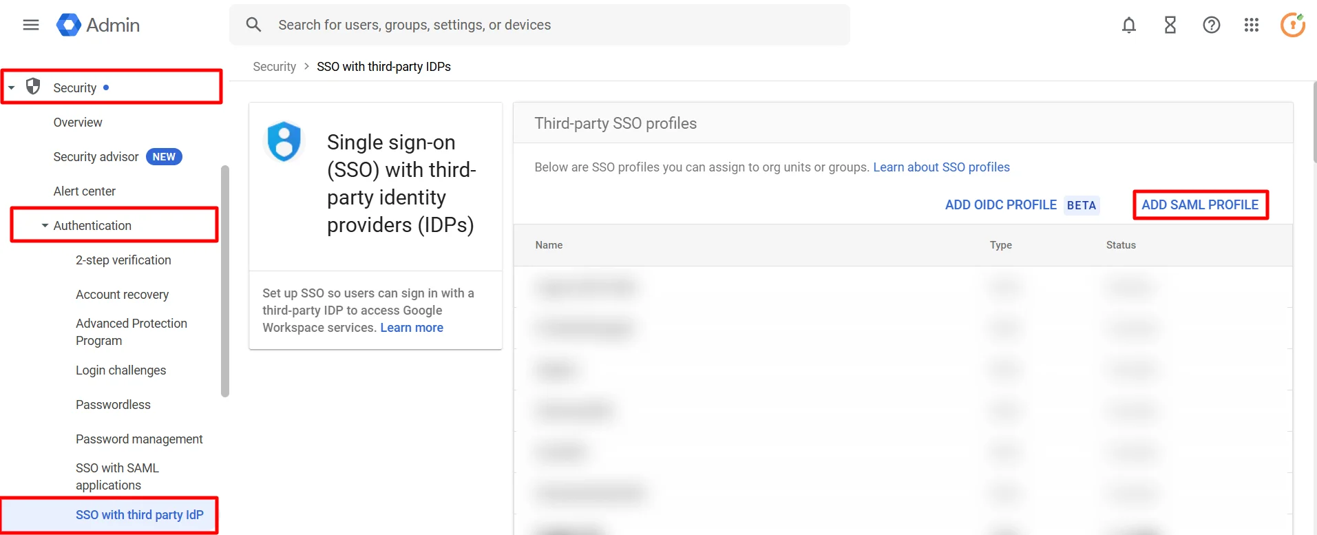 Google App SSO: Add SAML Profile