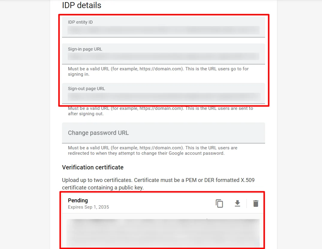 Google App SSO: Enter metadata details