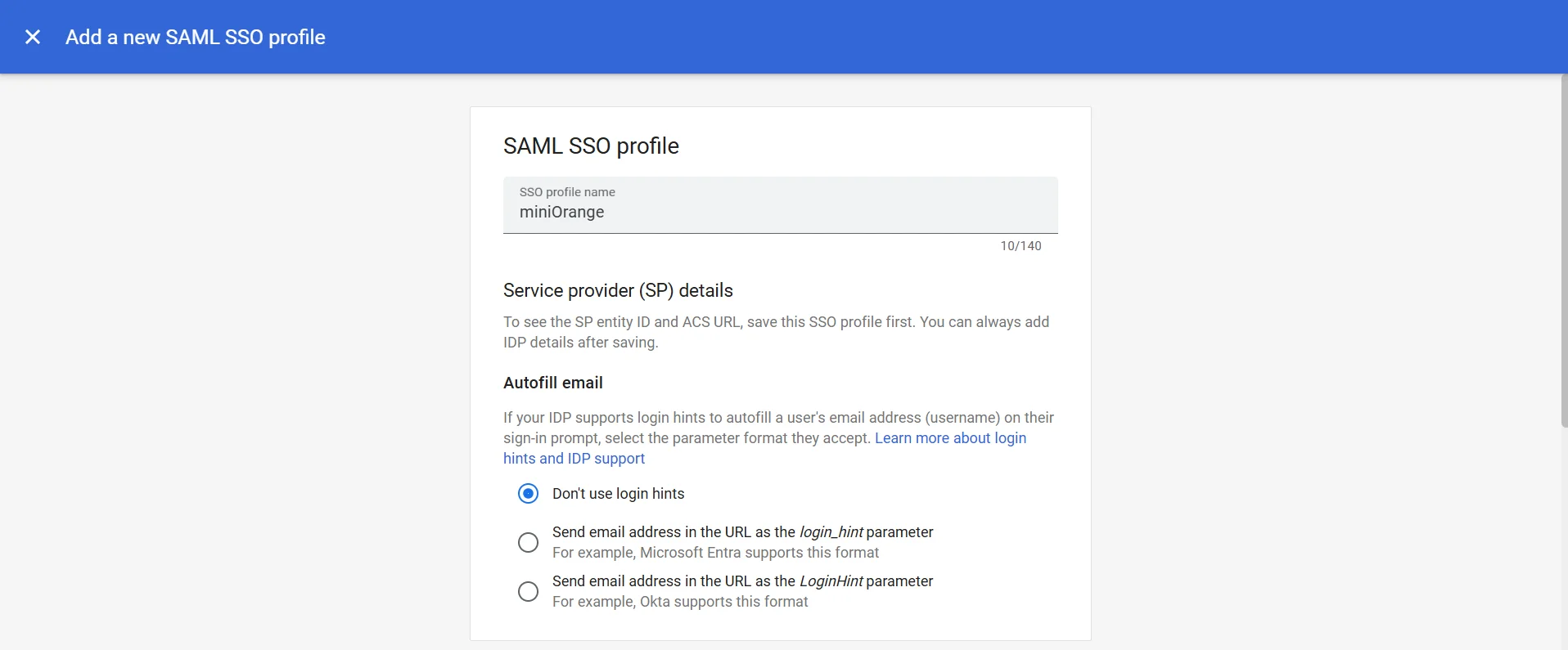 Google App SSO: SAML SSO profile name