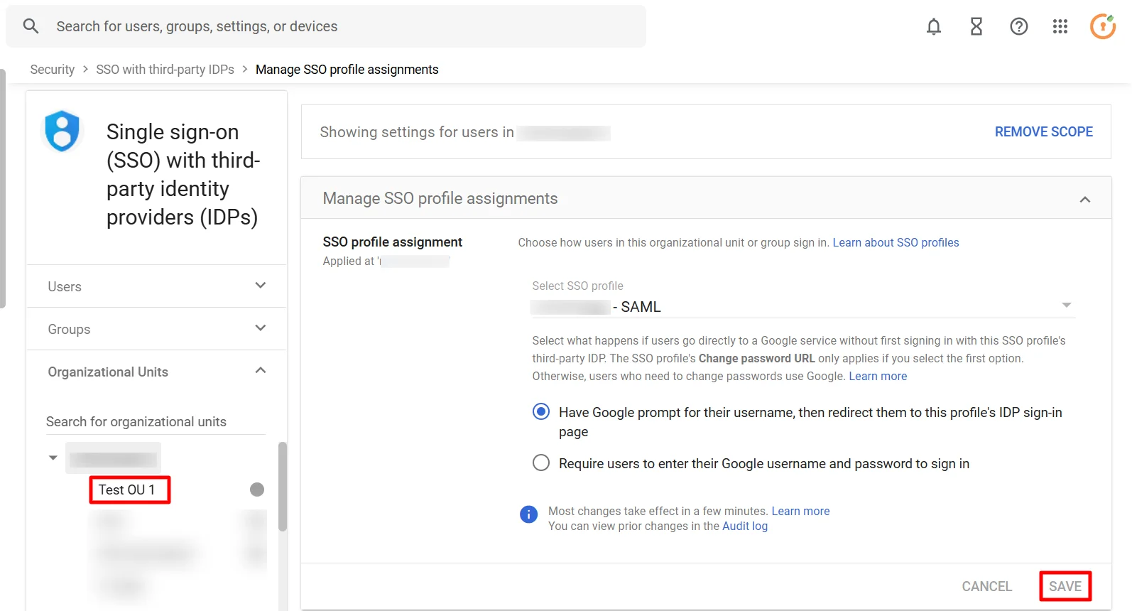 Google sso (Single Sign-On) select the OU or group for assigning the SSO Profile