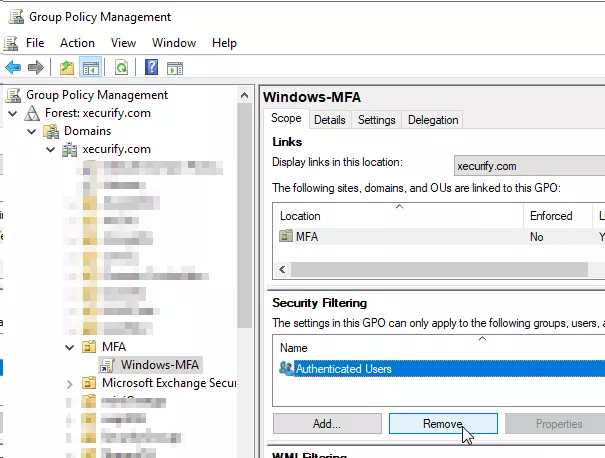 2FA/MFA for Windows Logon and RDP - Windows Credential Provider : Click newly created GPO Object and remove Authentication Users