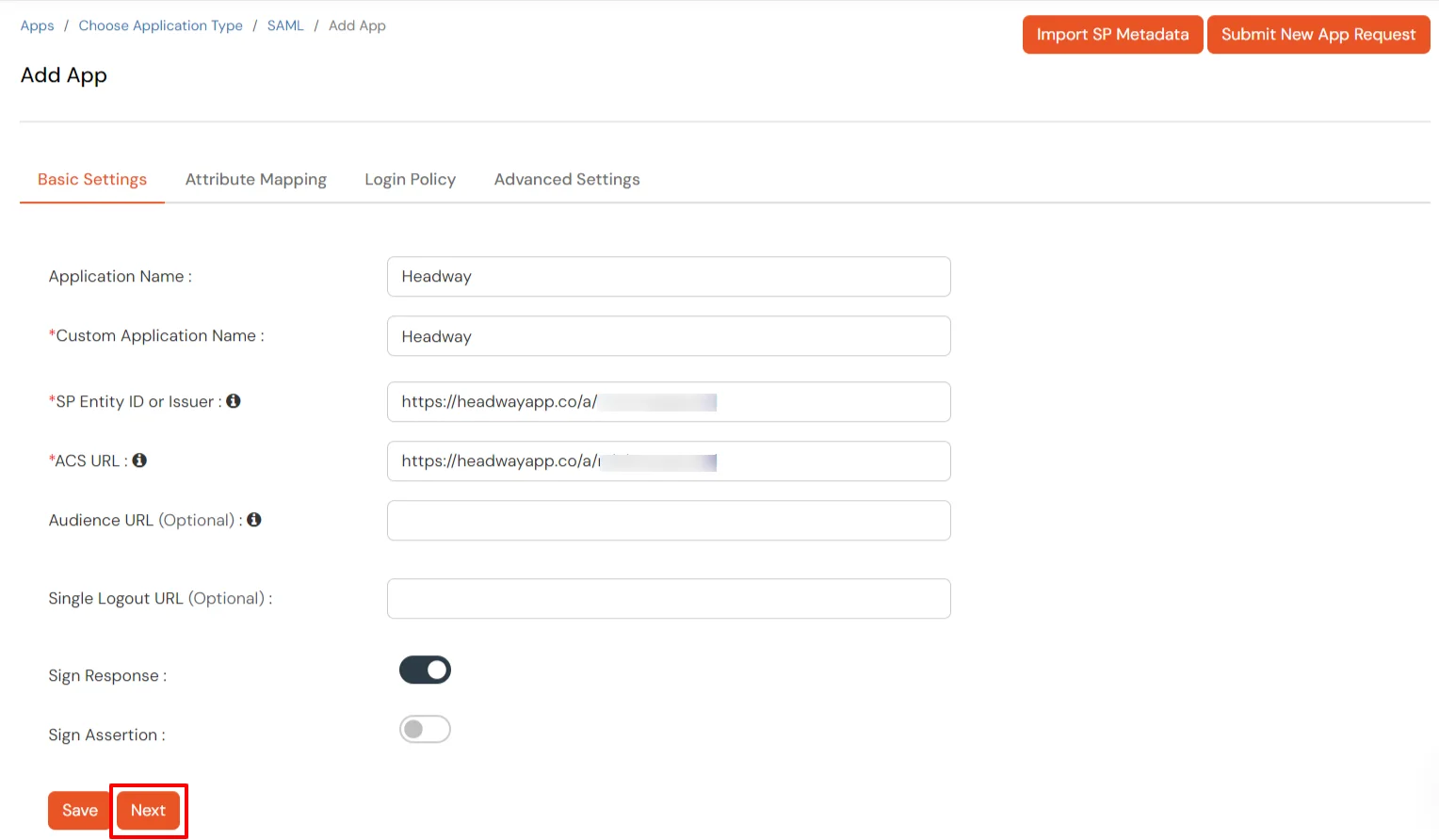 Headway Single Sign-On (sso) Enter required details