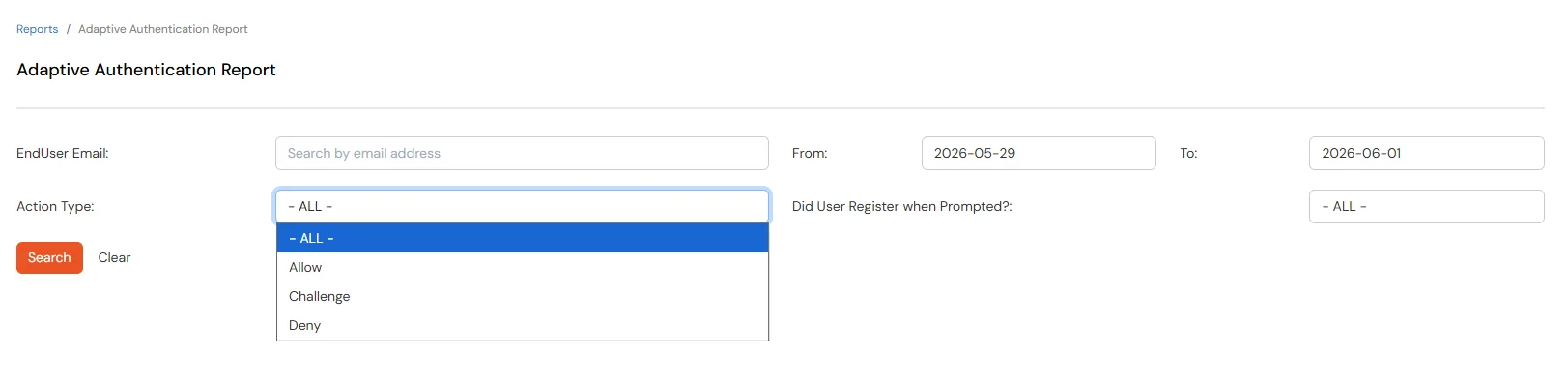 miniOrange Identity Platform Admin Handbook: Adaptive authentication report filters