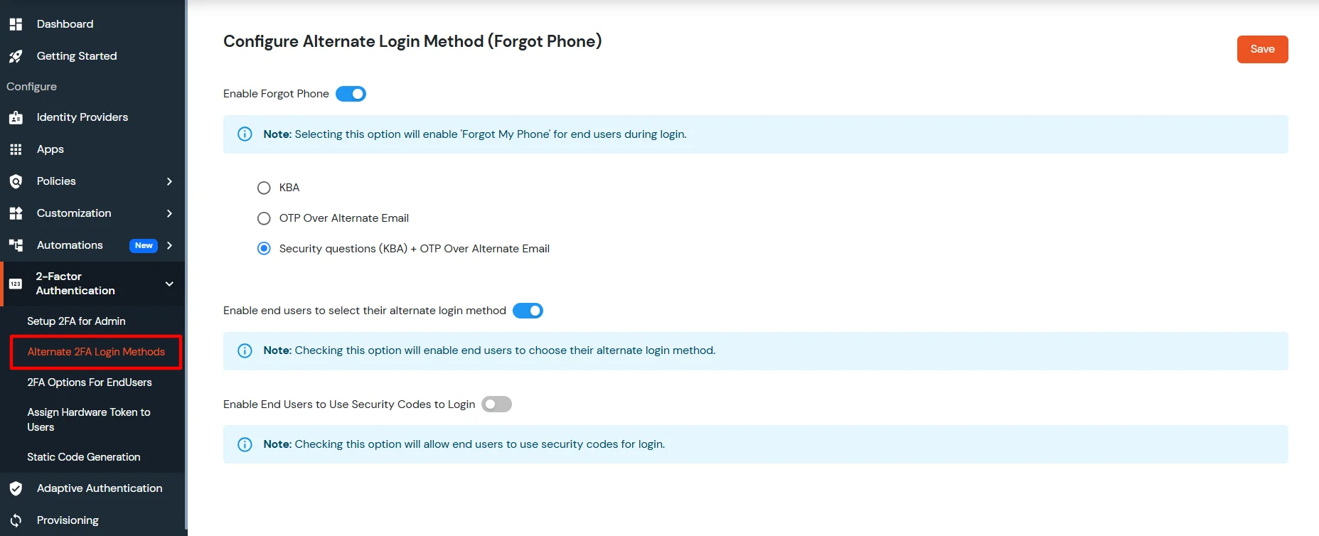 miniOrange Identity Platform Admin Handbook: 2-Factor Authentication > Alternate 2FA Login Methods