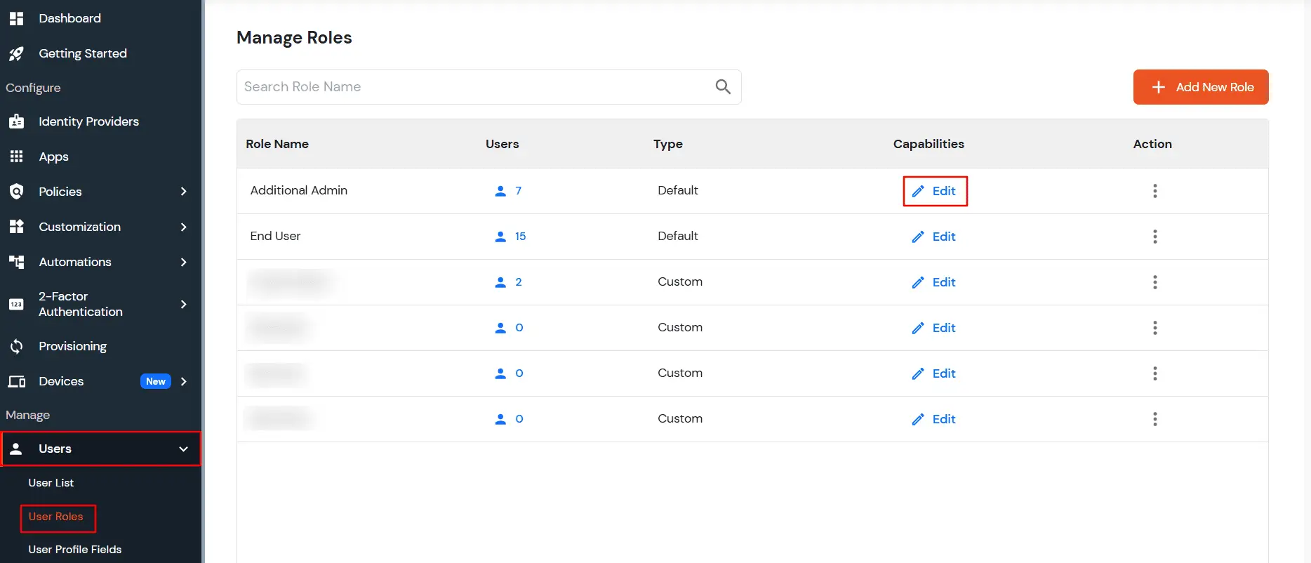 miniOrange Identity Platform Admin Handbook: Click Edit under Capabilities