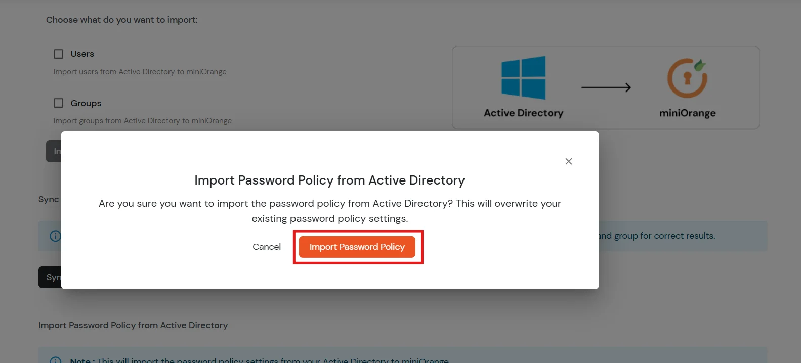 Confirm import password policy dialog