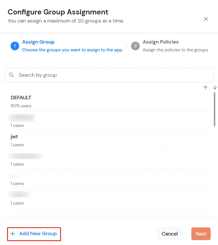 Zoho Docs Single Sign-On (SSO) configure group assignment modal