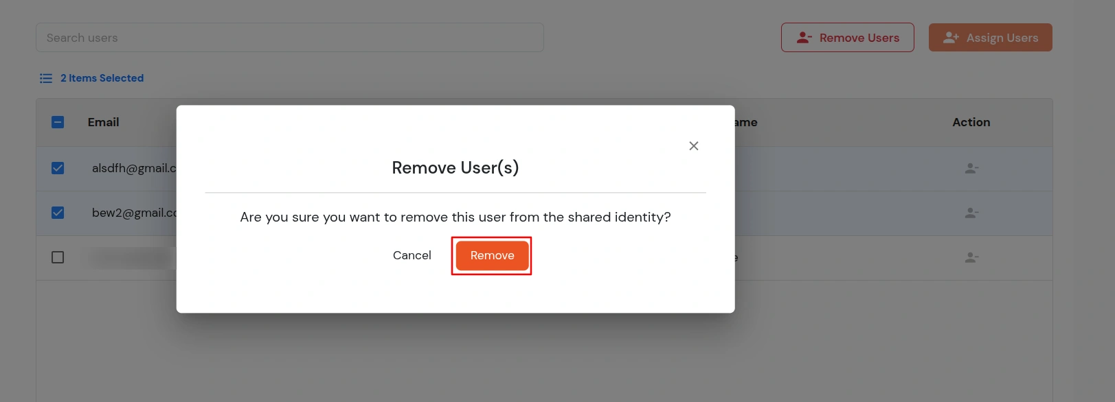 miniOrange Identity Platform Admin Handbook: Confirm Remove Users 