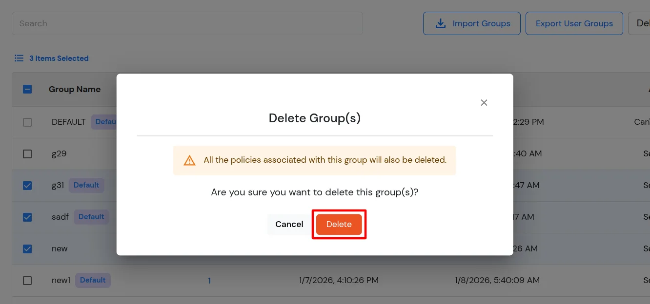 miniOrange Identity Platform Admin Handbook: Confirm delete groups