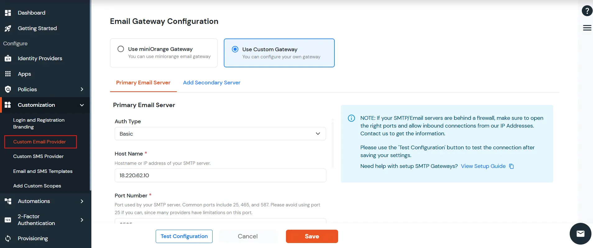 miniOrange Identity Platform Admin Handbook: Custom Email Provider